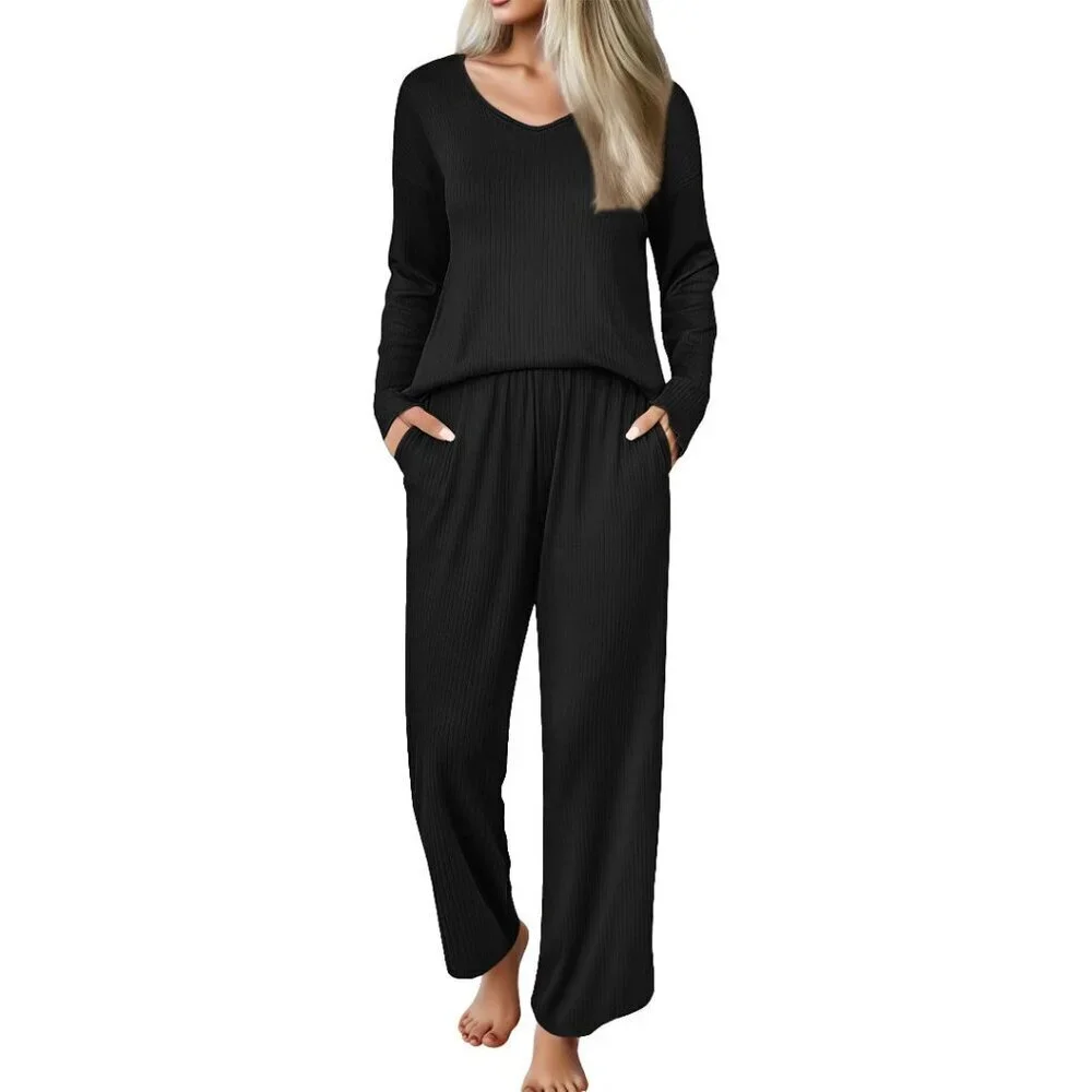 Soft Ribbed Knit Pajama Set with Pockets Long Sleeve Top & Pants